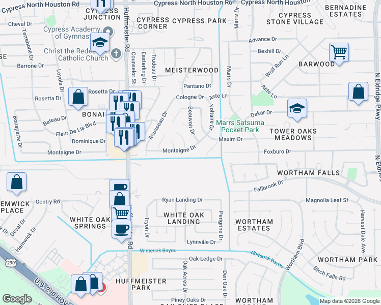 map of restaurants, bars, coffee shops, grocery stores, and more near 13410 Montaigne Drive in Houston