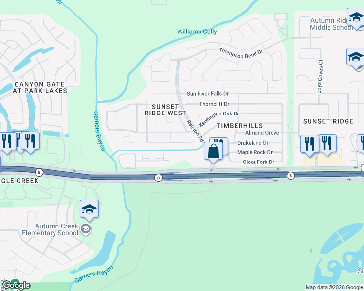 map of restaurants, bars, coffee shops, grocery stores, and more near 10602 Harbor Canyon Drive in Humble