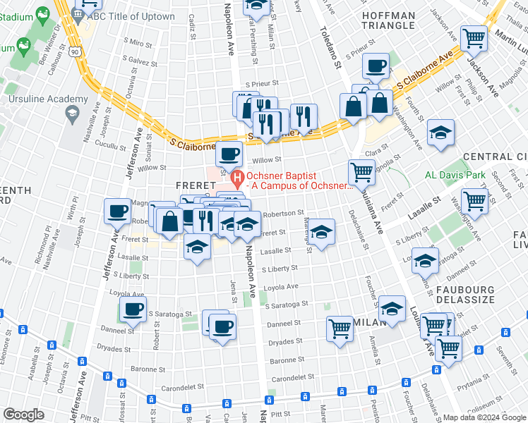 map of restaurants, bars, coffee shops, grocery stores, and more near 2630 General Pershing Street in New Orleans