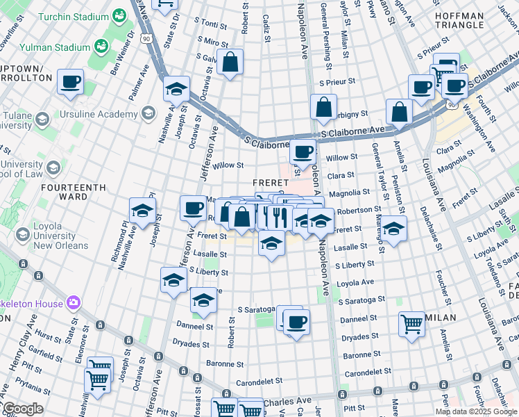 map of restaurants, bars, coffee shops, grocery stores, and more near 2701 Valence Street in New Orleans
