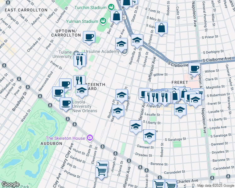 map of restaurants, bars, coffee shops, grocery stores, and more near 2308 Wirth Place in New Orleans