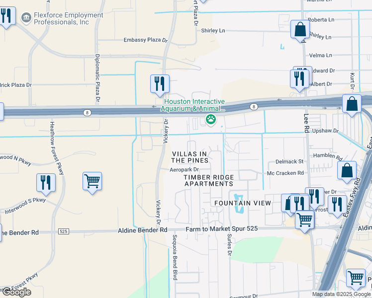 map of restaurants, bars, coffee shops, grocery stores, and more near 15001 Crosswinds Drive in Houston