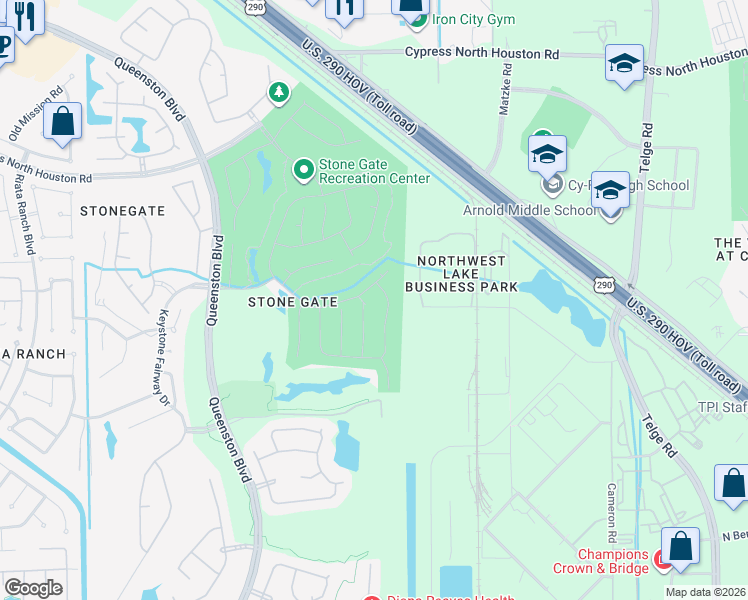 map of restaurants, bars, coffee shops, grocery stores, and more near 16226 South Southern Stone Drive in Houston