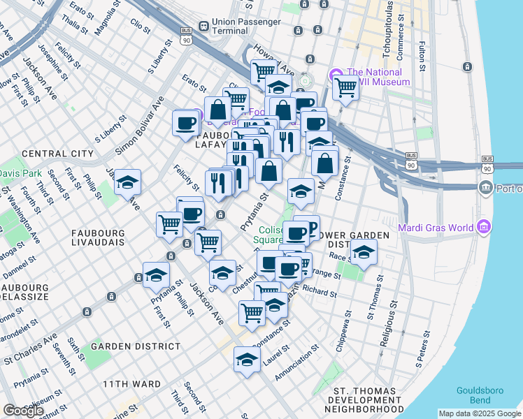 map of restaurants, bars, coffee shops, grocery stores, and more near in New Orleans