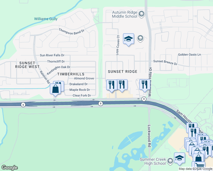 map of restaurants, bars, coffee shops, grocery stores, and more near 11315 Harbour Lake Court in Humble