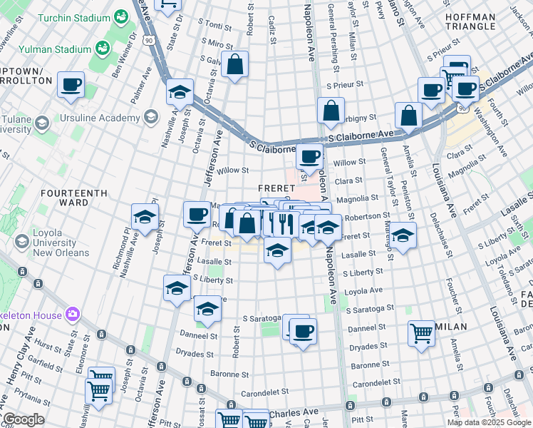 map of restaurants, bars, coffee shops, grocery stores, and more near 2624 Valence Street in New Orleans