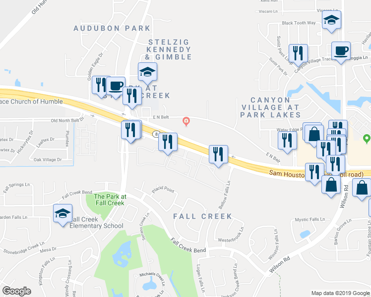 map of restaurants, bars, coffee shops, grocery stores, and more near 8332 North Sam Houston Parkway East in Humble