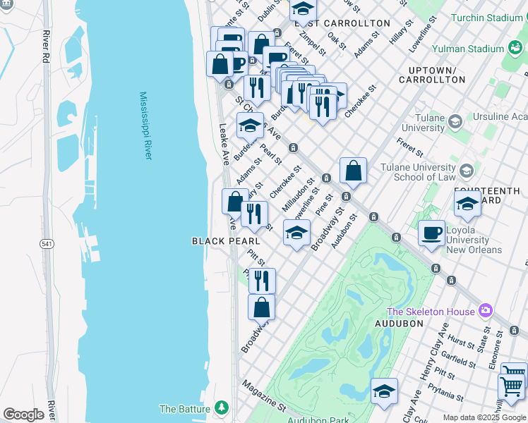map of restaurants, bars, coffee shops, grocery stores, and more near 257 Cherokee Street in New Orleans