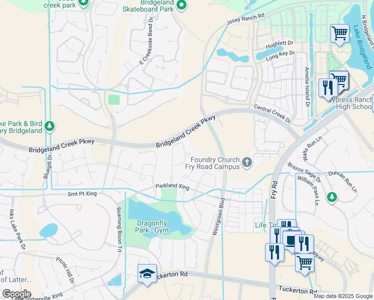 map of restaurants, bars, coffee shops, grocery stores, and more near 18710 Turkey Peak Court in Cypress