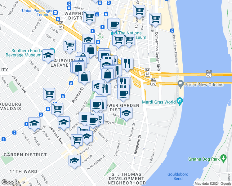 map of restaurants, bars, coffee shops, grocery stores, and more near 1341 Constance Street in New Orleans