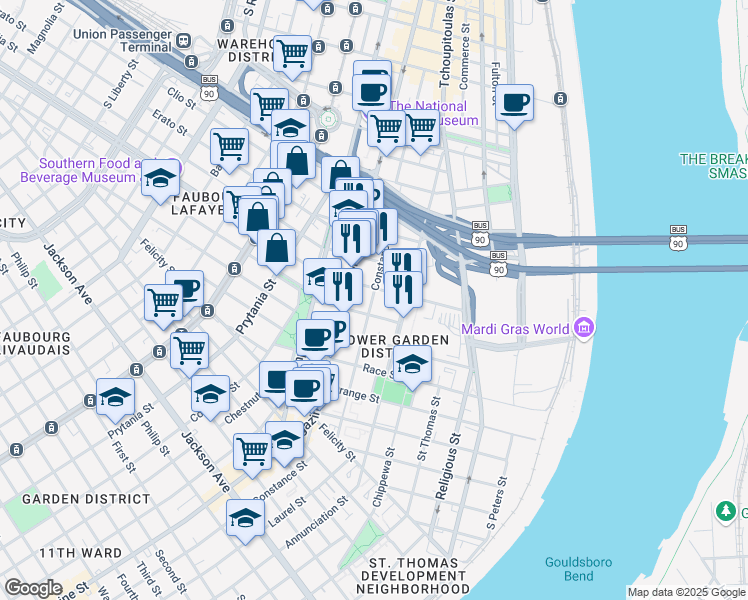 map of restaurants, bars, coffee shops, grocery stores, and more near 1341 Constance Street in New Orleans