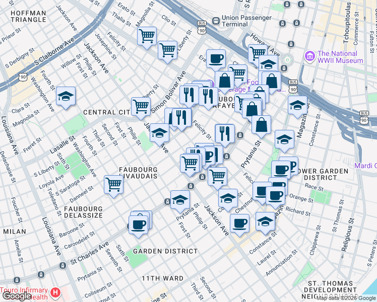 map of restaurants, bars, coffee shops, grocery stores, and more near 2020 Baronne Street in New Orleans