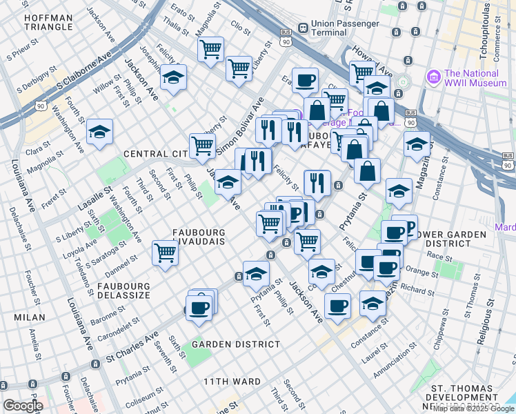 map of restaurants, bars, coffee shops, grocery stores, and more near 2020 Baronne Street in New Orleans