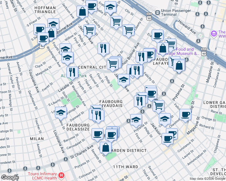 map of restaurants, bars, coffee shops, grocery stores, and more near 2037 First Street in New Orleans
