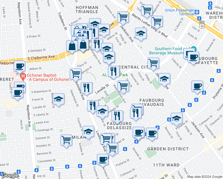 map of restaurants, bars, coffee shops, grocery stores, and more near 2832 Lasalle Street in New Orleans