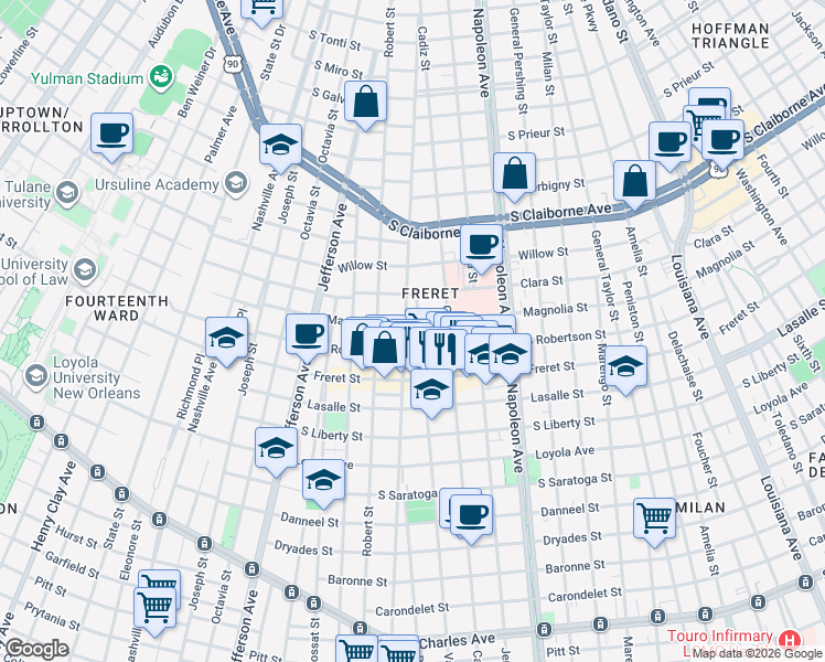 map of restaurants, bars, coffee shops, grocery stores, and more near 2701 Valence Street in New Orleans