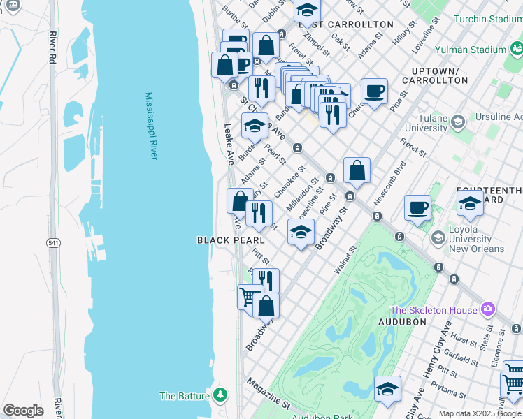 map of restaurants, bars, coffee shops, grocery stores, and more near 7522 Benjamin Street in New Orleans