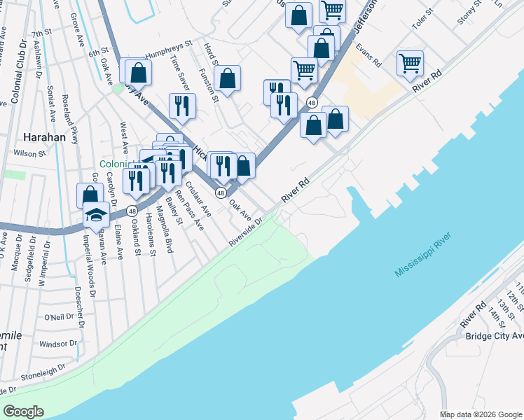 map of restaurants, bars, coffee shops, grocery stores, and more near 42 Hickory Avenue in Harahan