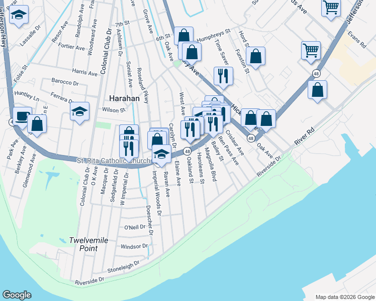 map of restaurants, bars, coffee shops, grocery stores, and more near 6901 Jefferson Highway in Harahan