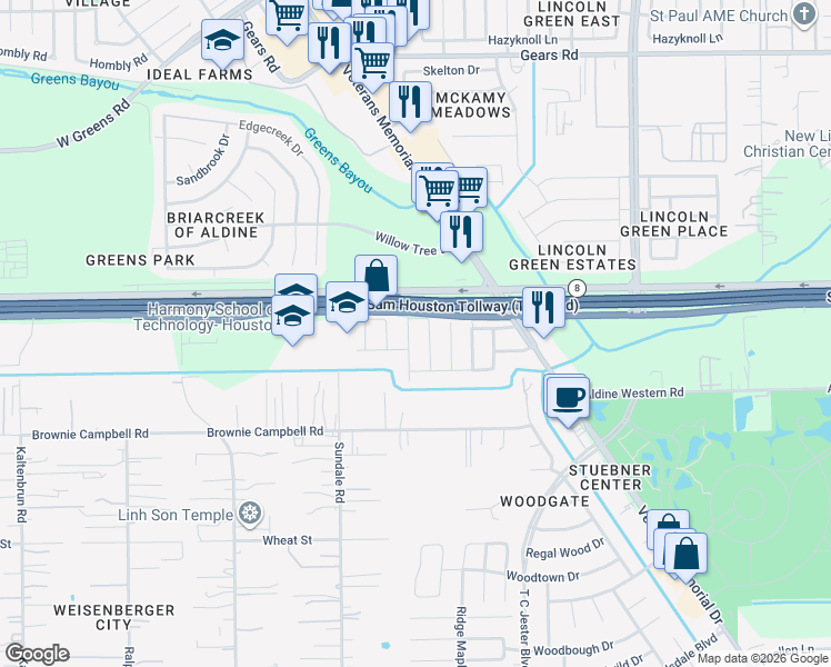 map of restaurants, bars, coffee shops, grocery stores, and more near 13919 Bearwood Road in Houston