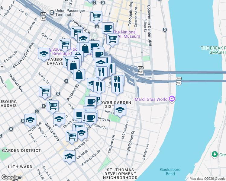map of restaurants, bars, coffee shops, grocery stores, and more near 1341 Constance Street in New Orleans