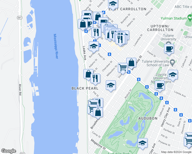 map of restaurants, bars, coffee shops, grocery stores, and more near 248 Cherokee Street in New Orleans
