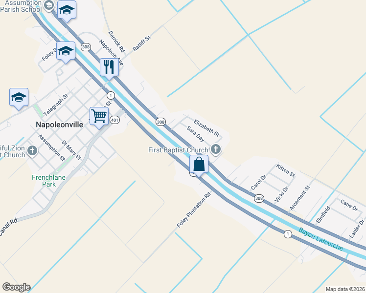 map of restaurants, bars, coffee shops, grocery stores, and more near 4641 Highway 308 in Napoleonville