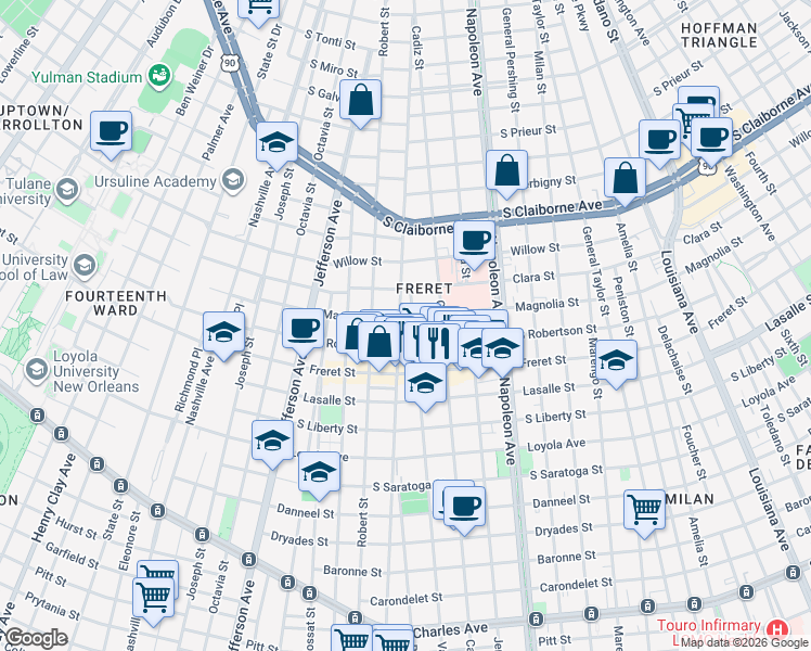 map of restaurants, bars, coffee shops, grocery stores, and more near 2701 Valence Street in New Orleans