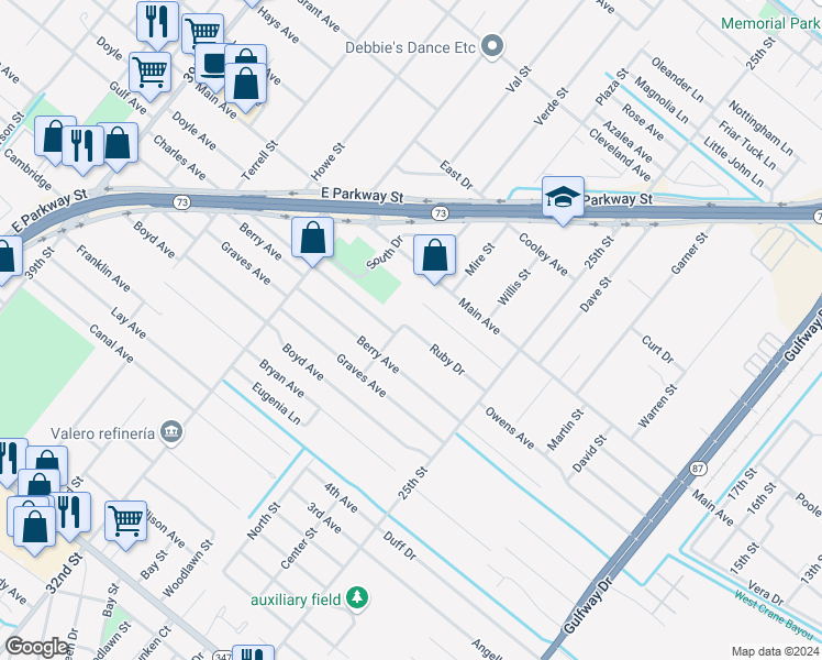 map of restaurants, bars, coffee shops, grocery stores, and more near 3000 Charles Avenue in Groves