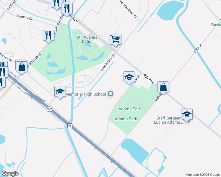 map of restaurants, bars, coffee shops, grocery stores, and more near 3501 61st Street in Port Arthur