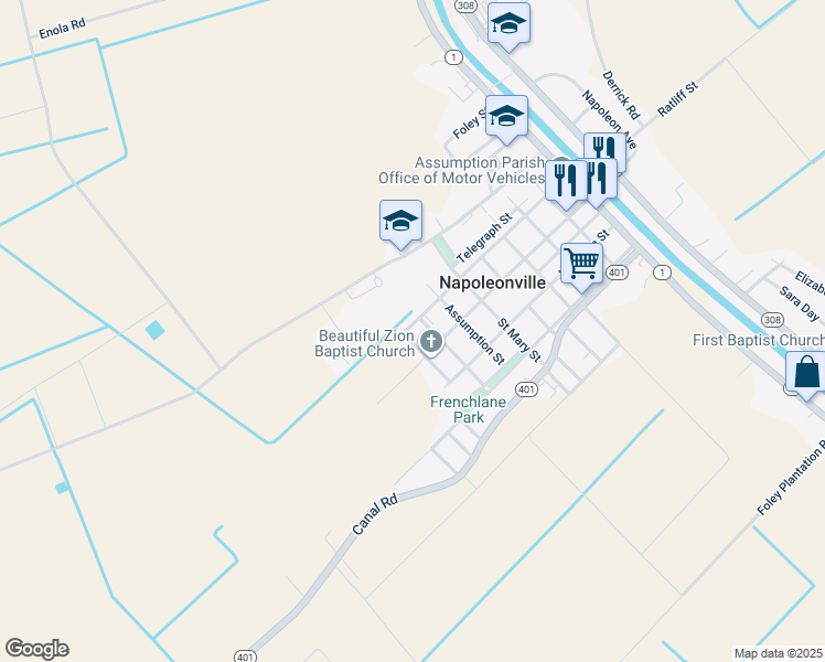 map of restaurants, bars, coffee shops, grocery stores, and more near Doctor Martin Luther King Drive in Napoleonville