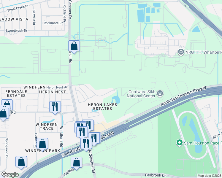 map of restaurants, bars, coffee shops, grocery stores, and more near 7702 Heron Lakes Drive in Houston