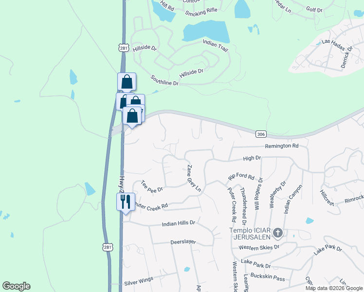 map of restaurants, bars, coffee shops, grocery stores, and more near 1120 Zane Grey Lane in Spring Branch