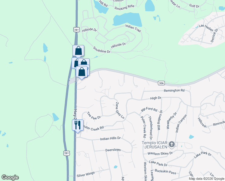 map of restaurants, bars, coffee shops, grocery stores, and more near 1120 Zane Grey Lane in Spring Branch