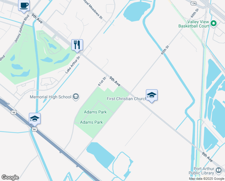 map of restaurants, bars, coffee shops, grocery stores, and more near 3648 61st Street in Port Arthur