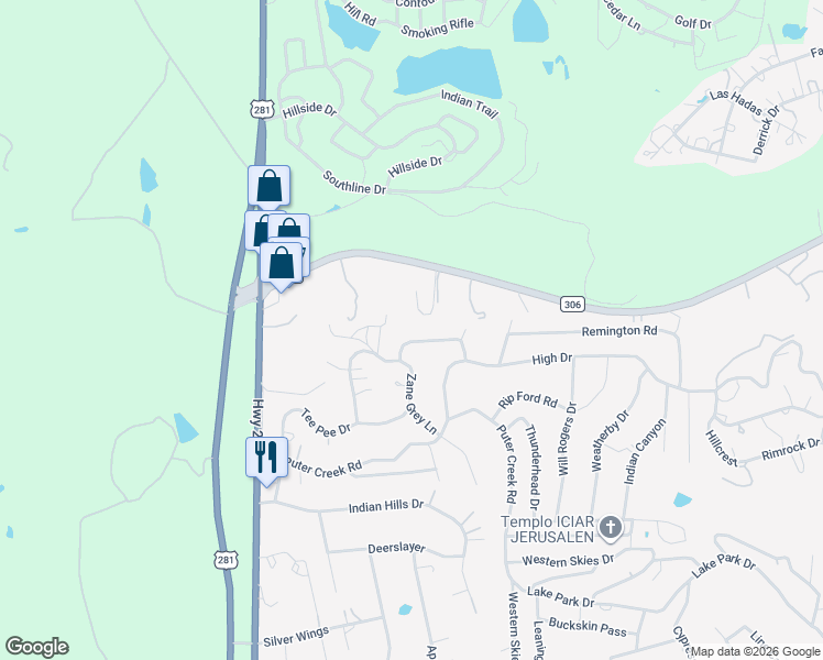 map of restaurants, bars, coffee shops, grocery stores, and more near 1120 Zane Grey Lane in Spring Branch
