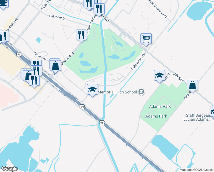 map of restaurants, bars, coffee shops, grocery stores, and more near 3200 Lake Arthur Drive in Port Arthur
