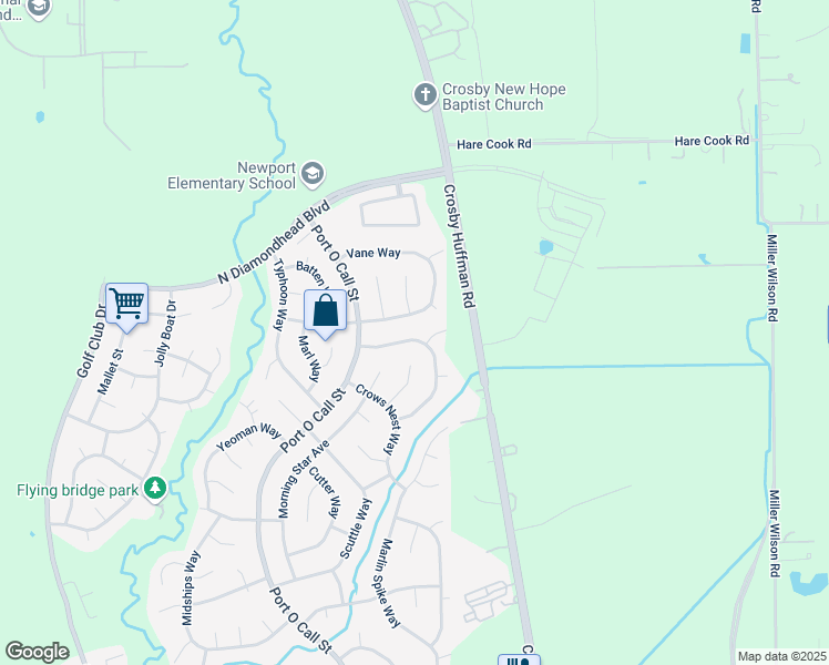 map of restaurants, bars, coffee shops, grocery stores, and more near 407 Topsail Way in Crosby