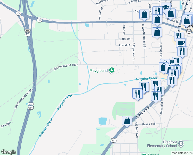 map of restaurants, bars, coffee shops, grocery stores, and more near 1240 Edwards Road in Starke