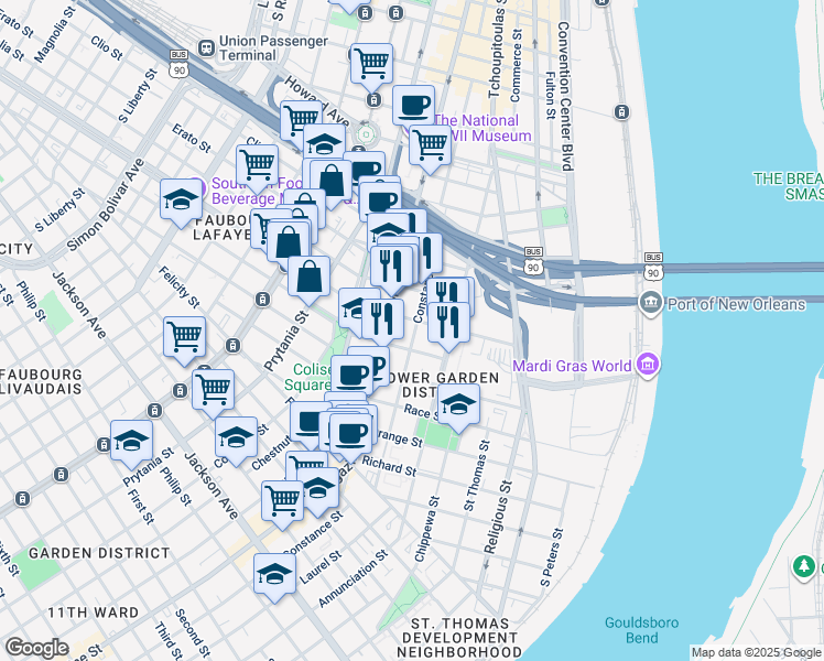 map of restaurants, bars, coffee shops, grocery stores, and more near 1341 Constance Street in New Orleans