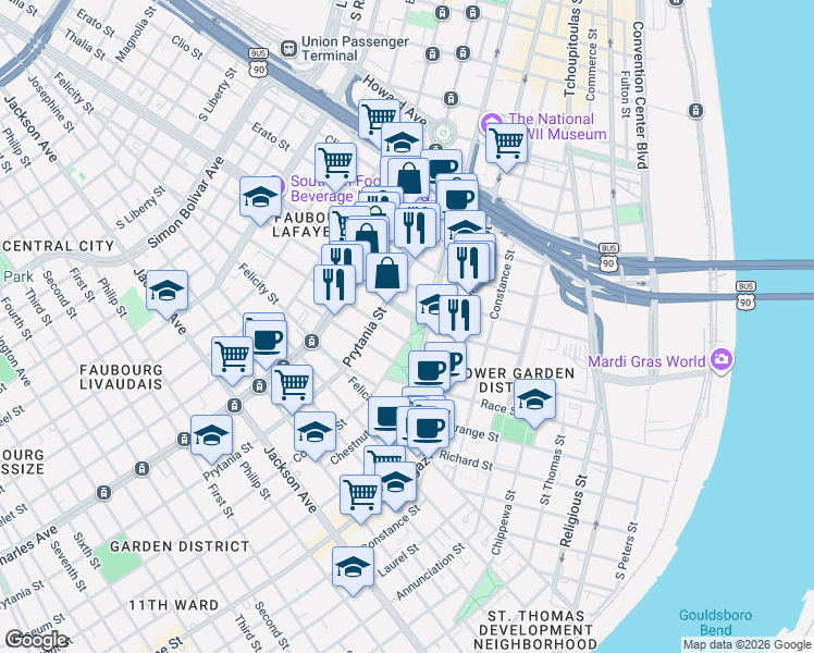 map of restaurants, bars, coffee shops, grocery stores, and more near in New Orleans
