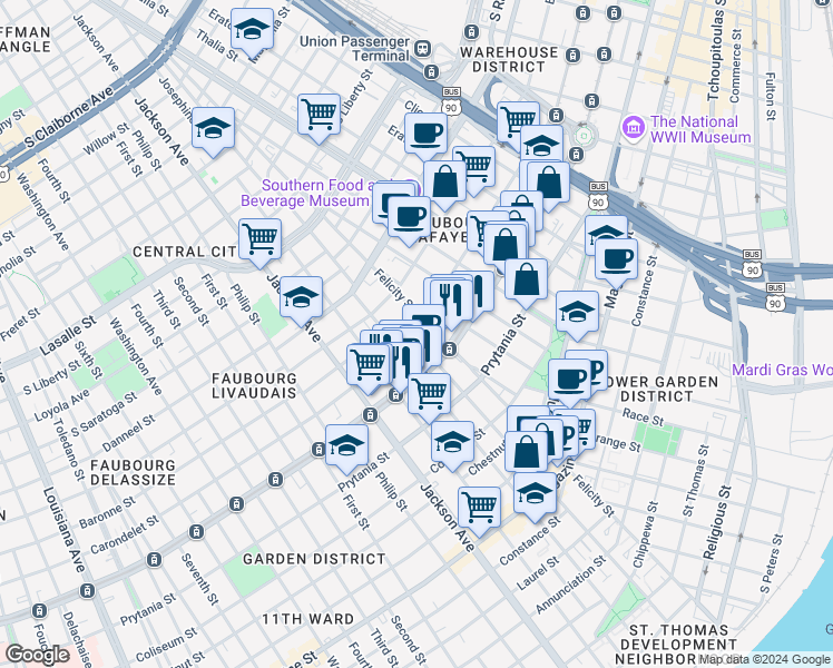 map of restaurants, bars, coffee shops, grocery stores, and more near 1829 Carondelet Street in New Orleans