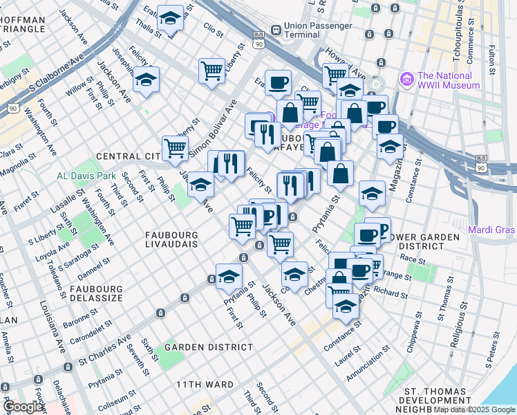 map of restaurants, bars, coffee shops, grocery stores, and more near 1829 Carondelet Street in New Orleans