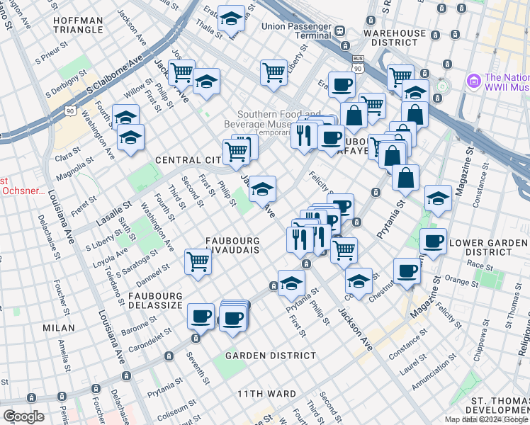 map of restaurants, bars, coffee shops, grocery stores, and more near 2124 Oretha Castle Haley Boulevard in New Orleans