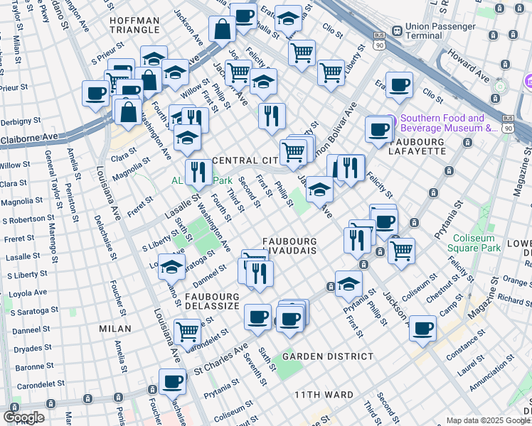 map of restaurants, bars, coffee shops, grocery stores, and more near 2154 Second Street in New Orleans