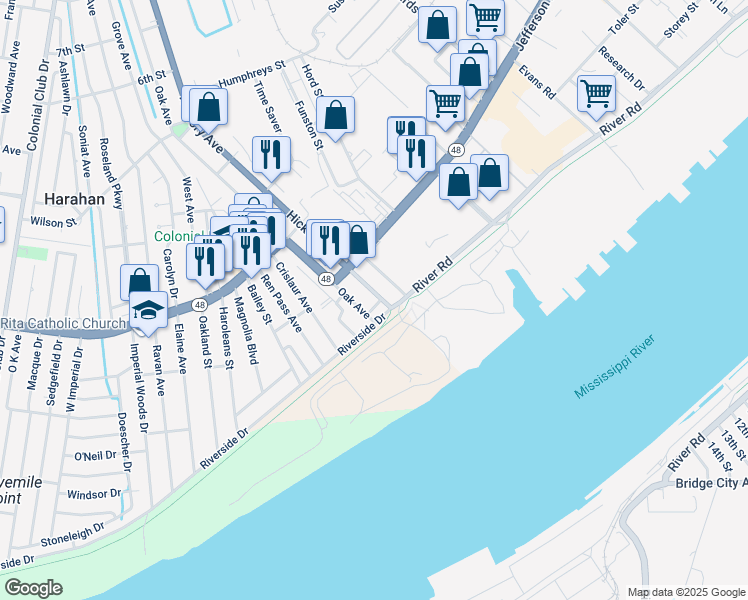 map of restaurants, bars, coffee shops, grocery stores, and more near 42 Hickory Avenue in Harahan