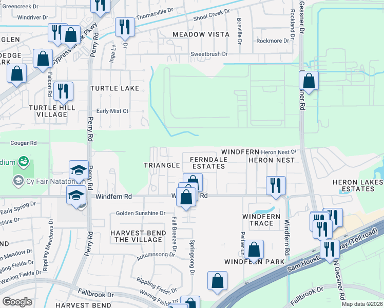 map of restaurants, bars, coffee shops, grocery stores, and more near 9118 North Ferndale Place Drive in Houston