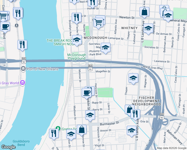 map of restaurants, bars, coffee shops, grocery stores, and more near 523 Magellan Street in New Orleans