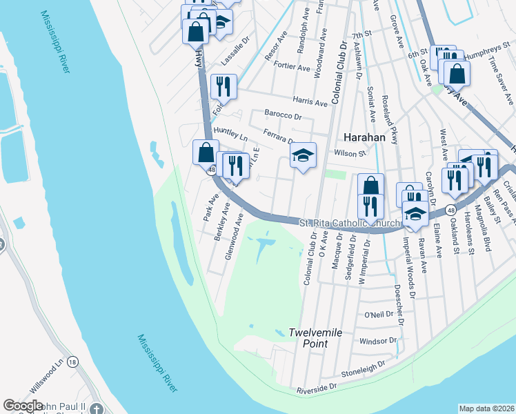 map of restaurants, bars, coffee shops, grocery stores, and more near 8225 Jefferson Highway in Harahan