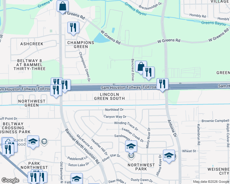 map of restaurants, bars, coffee shops, grocery stores, and more near 11024 Sprangletop Court in Houston
